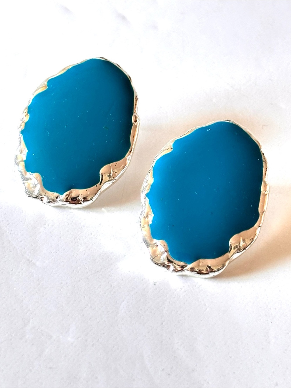 🌷5/25$ Turquoise blue enamel earrings with an irregular silver border